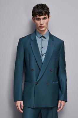 Straight double-breasted jacket in cool wool, Green, Patrizia Pepe
