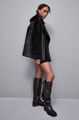 Oversized biker jacket with fur, Black, Patrizia Pepe