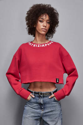 Raw cut sweatshirt with logo, Red, Patrizia Pepe