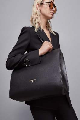 Leather shopping bag with zipper, Black, Patrizia Pepe