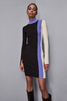 Midi dress in knit with color block, Black, White, Blue, Patrizia Pepe