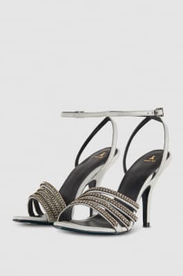 Sandalen mit Absatz und Strass-Details, Grau, Patrizia Pepe