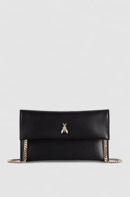 Leather clutch bag with chain shoulder strap, Black, Patrizia Pepe