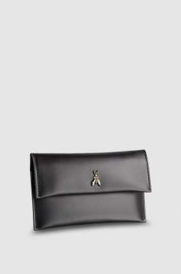 Leather clutch bag with chain shoulder strap, Black, Patrizia Pepe