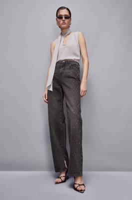 Denim pants with studs, Grey, Denim