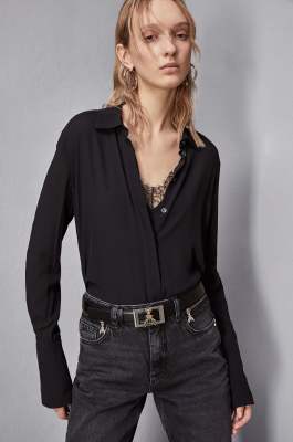 Ceinture double coupe en cuir lisse, Noir, Patrizia Pepe