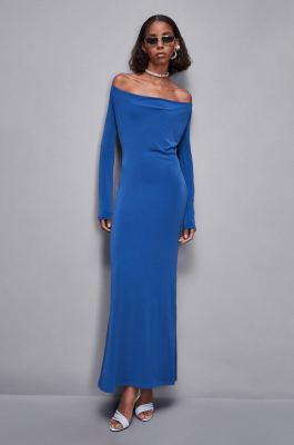 Long drop neckline dress, Blue, Patrizia Pepe