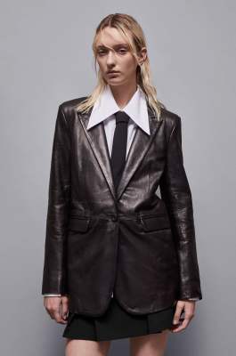 Chaqueta en piel con solapas, Negro