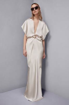 Long satin skirt with slit, Beige, Patrizia Pepe