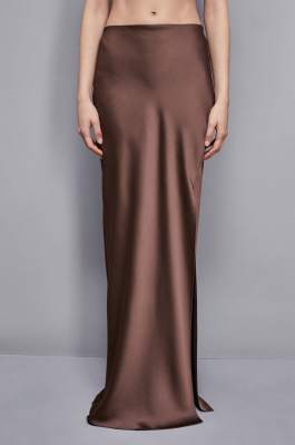 Jupe longue avec fente en satin, Marron, Patrizia Pepe