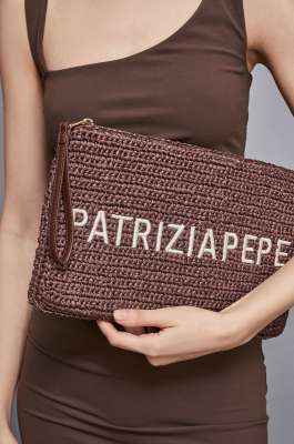 Woven clutch bag with embroidery, Brown, Patrizia Pepe