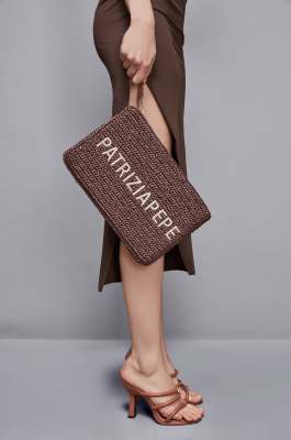 Woven clutch bag with embroidery, Brown, Patrizia Pepe