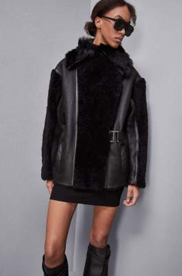 Oversized biker jacket with fur, Black, Patrizia Pepe