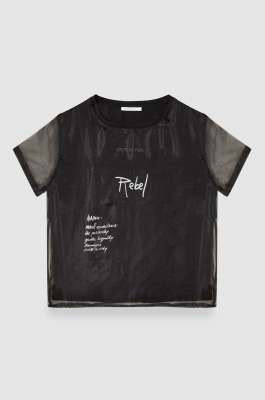 T-shirt with slogan in mixed fabric, Black, Patrizia Pepe