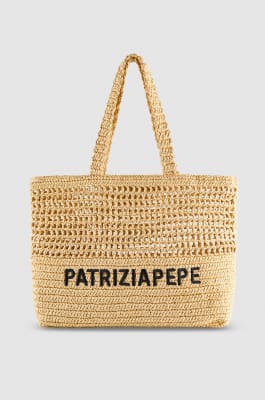 Woven shopping bag with embroidery, Beige, Patrizia Pepe