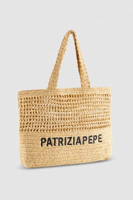 Woven shopping bag with embroidery, Beige, Patrizia Pepe