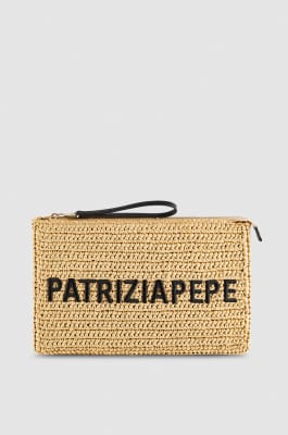 Woven clutch bag with embroidery, Beige, Patrizia Pepe