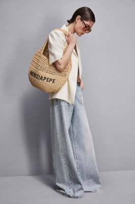 Woven hobo bag with embroidery, Beige, Patrizia Pepe
