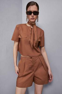 Short cotton poplin shirt with scarf, Brown, Patrizia Pepe