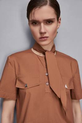 Short cotton poplin shirt with scarf, Brown, Patrizia Pepe