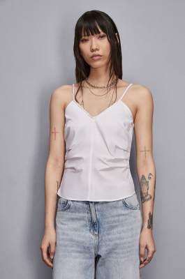 Pleated top with deep neckline, White, Patrizia Pepe