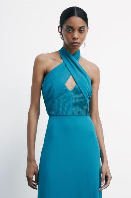 Pleated long dress with crossover neckline, Green, Patrizia Pepe
