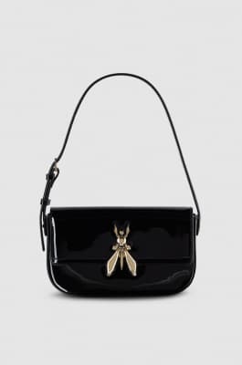Essential Fly glossy leather shoulder bag, Black, Patrizia Pepe