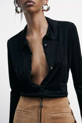 Slim fit shirt in glossy jersey, Black, Patrizia Pepe
