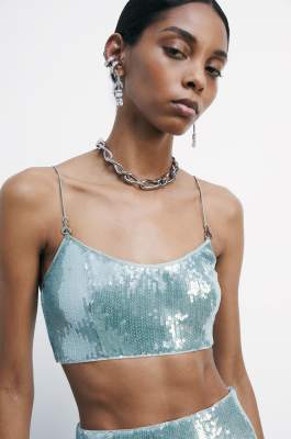 Tulle crop top with sequins, Green, Patrizia Pepe