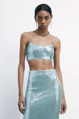 Tulle crop top with sequins, Green, Patrizia Pepe