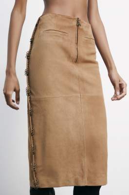 Midi skirt in suede with piercing details, Beige, Patrizia Pepe