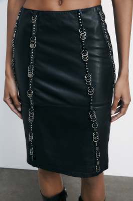 Gonna midi con borchie e piercing in pelle, Nero, Patrizia Pepe