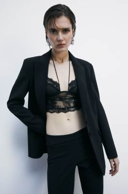 Top bustier in pizzo e tulle con spalline, Nero, Patrizia Pepe