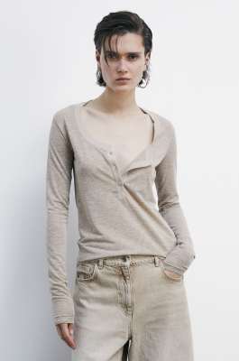 Fine long-sleeved knit top with buttons, Beige, Patrizia Pepe