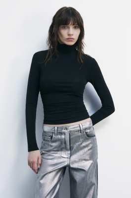 Turtleneck stretch jersey with draping, Black, Patrizia Pepe