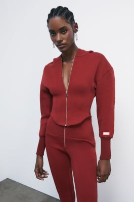 Cropped bustier hoodie in technical fabric, Red, Patrizia Pepe