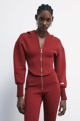 Cropped bustier hoodie in technical fabric, Red, Patrizia Pepe