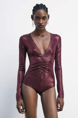 Long-sleeved bodysuit in laminated jersey, Purple, Patrizia Pepe
