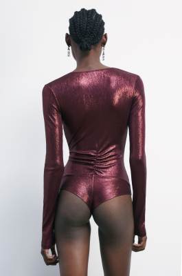 Long-sleeved bodysuit in laminated jersey, Purple, Patrizia Pepe