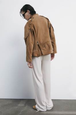 Oversized suede biker jacket with piercing details, Beige, Patrizia Pepe