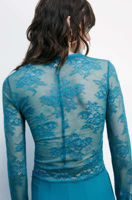 Top a maniche lunghe in pizzo stretch, Verde, Patrizia Pepe