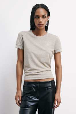 T-shirt in maglia con logo strass, Beige, Patrizia Pepe