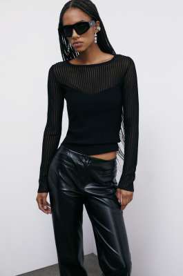 Fitted sweater with ribbing and transparencies, Black, Patrizia Pepe