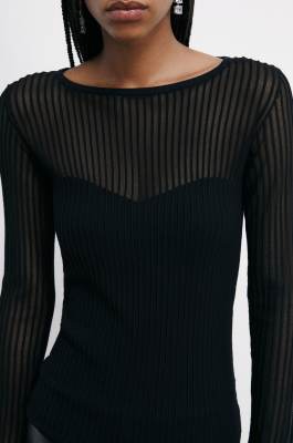 Fitted sweater with ribbing and transparencies, Black, Patrizia Pepe