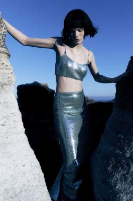 Crop top con paillettes in tulle, Azzurro, Patrizia Pepe