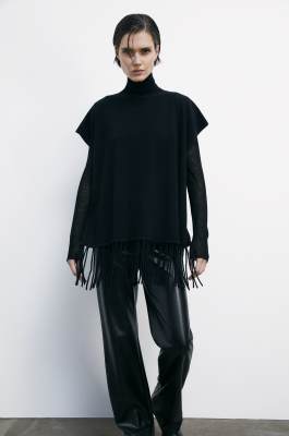 Short-sleeved cashmere poncho with fringes, Black, Patrizia Pepe