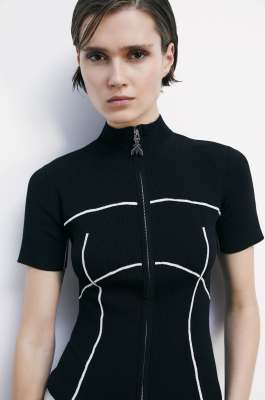 Maglia a maniche corte con zip, Nero, Patrizia Pepe