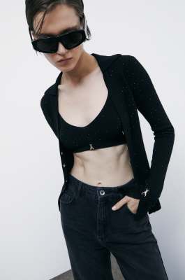 Top bra in maglia con strass, Nero, Patrizia Pepe
