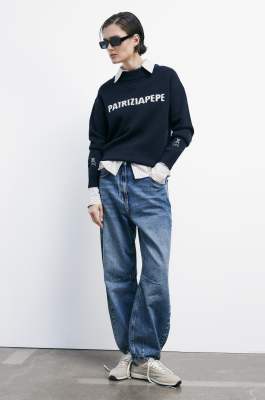 Crew-neck sweater with logo, Blue, Patrizia Pepe