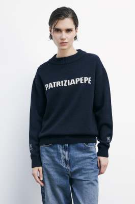 Crew-neck sweater with logo, Blue, Patrizia Pepe